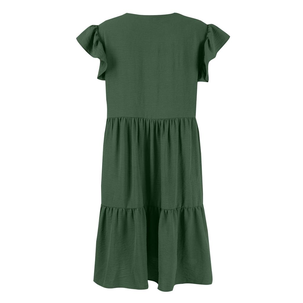 Женские летние повседневные однотонные платья с короткими рукавами и V-образным вырезом, многоуровневые платья с рюшами и трапециевидной формы с карманами