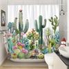 Desert Garden Shower Curtain - Succulents, Cacti, Pink Flowers, Polyester, 12 Hooks, Nature-Inspired Design