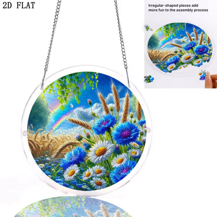 2D Flat, 1pc, 2D Flat Summer Wildflower Rainbow Scenery Design, Ocean Wave Angel Theme, 2D Flat Acrylic Suncatcher Window Hanging Decoration, Suitable