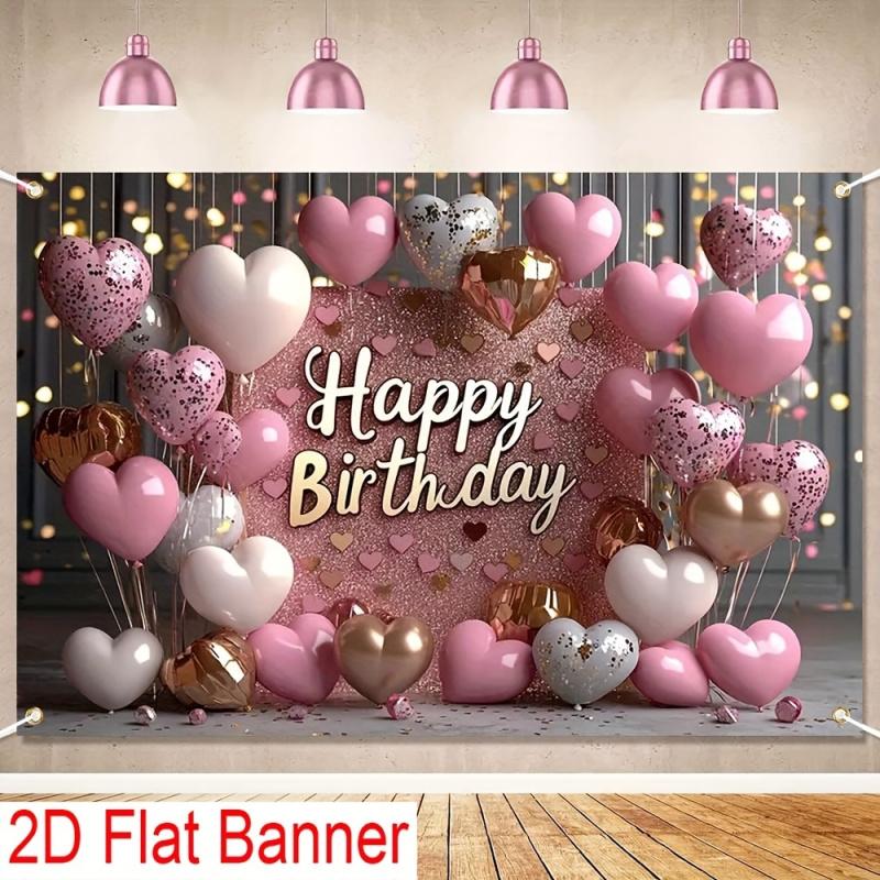 1Happy birthday Pink glitter background With balloons and hearts Suitable for parties No Power Supply Required