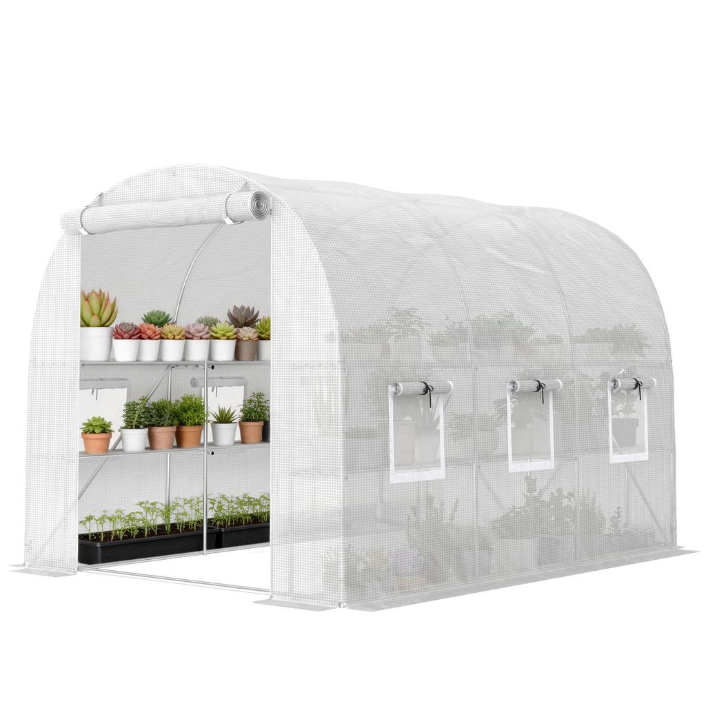 Greenhouse approx. 2.7 x 2 x 2 m, Film Greenhouse with Shelves, Roll-Up Zipper Door, 6 Mesh Windows, Support Poles