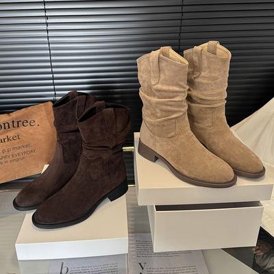 Модные женские ботинки из натуральной замши нового стиля с узким квадратным носком, слипоны, осенние плиссированные ботфорты до колена, повседневные женские панк-вестерн ботинки