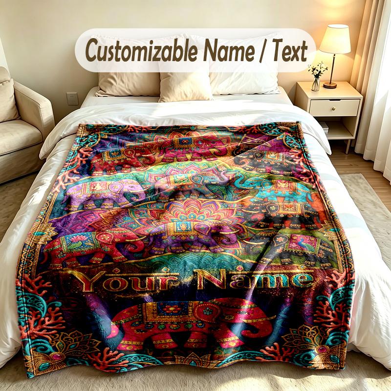 Elephant Theme Soft Blanket Personalized Custom Name Text Print Warm Blanket Home Sofa Bedroom Decor