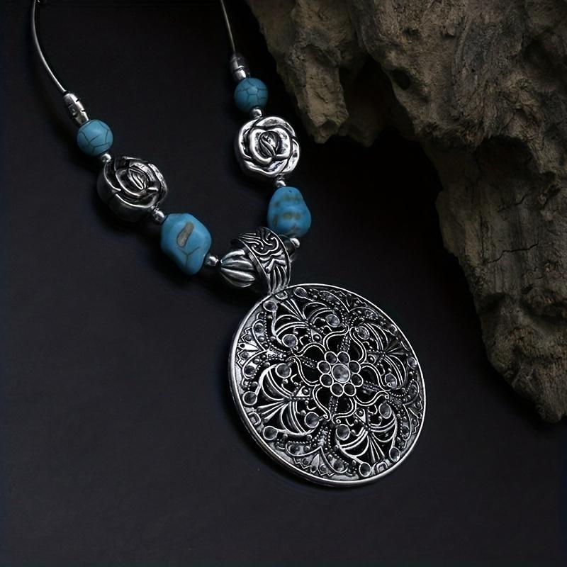 Ретро Богемный Натуральный Бирюзовый Ажурный Резной Кулон Женское Повседневное Досуговое Ожерелье для Отпуска Фестивальный Подарок Ювелирные Изделия AVE