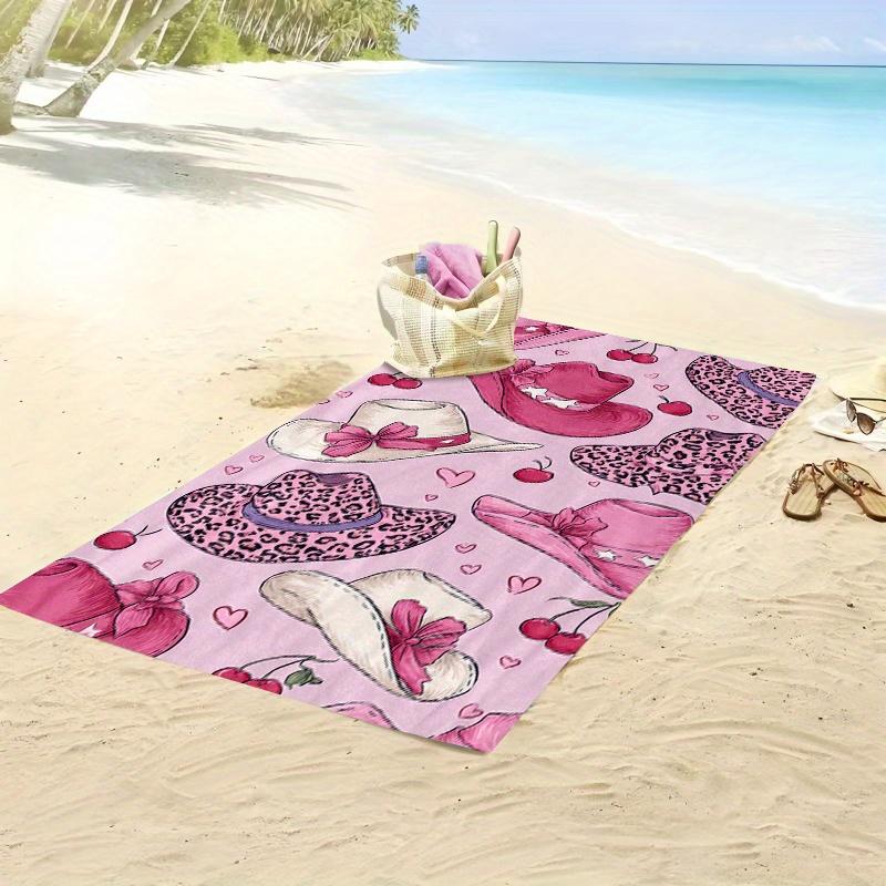 1PC Pink White Cowboy Hat & Cherry Print Beach Towel, Unisex Towel for Swimming Travel Camping Beach Pool Outdoor Use