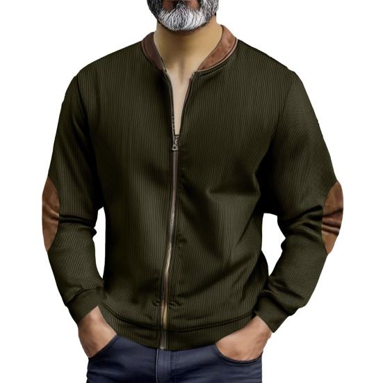 Men Casual Coat Stand Collar Long Sleeve Zipper Closure Plaid Elbow Patch Baseball Jacket Outdoor Street Wear