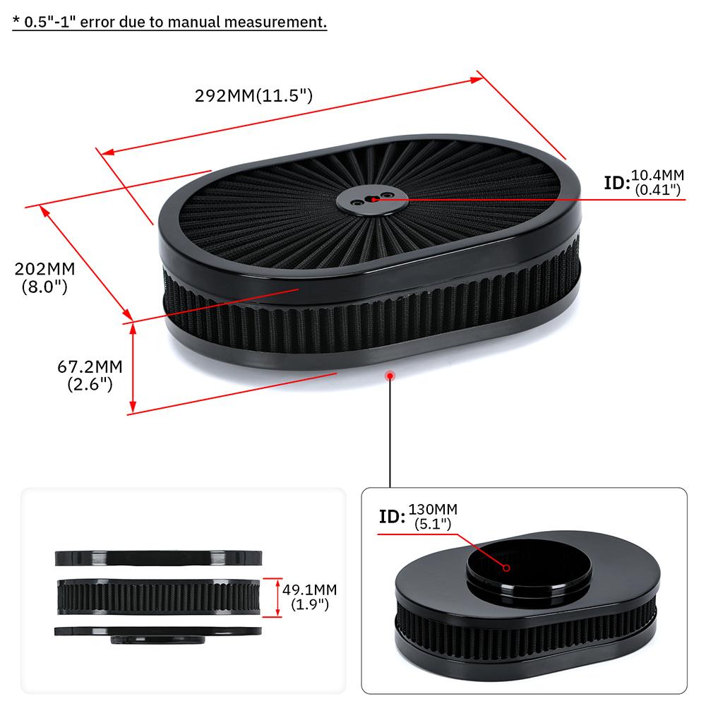 12"x2" Oval Air Cleaner Filter Assembly 5-1/8" Carb Neck w/ Flow-Thru Lid High Flow Chrome for GMC Chevy Ford Chryler Dodge