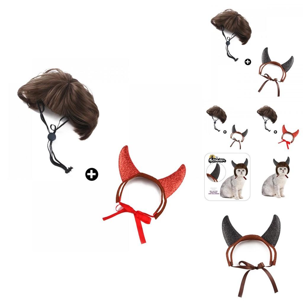 Cute Black And Red Horned Wig Set For Pets Featuring A Trendy Bob Haircut
