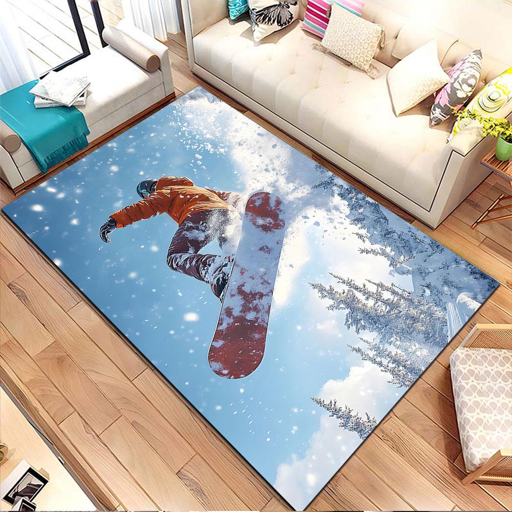 Snowboarder Jumping in Winter Mountains Patterned carpet, non slip mat suitable for living room and bedroom sofas