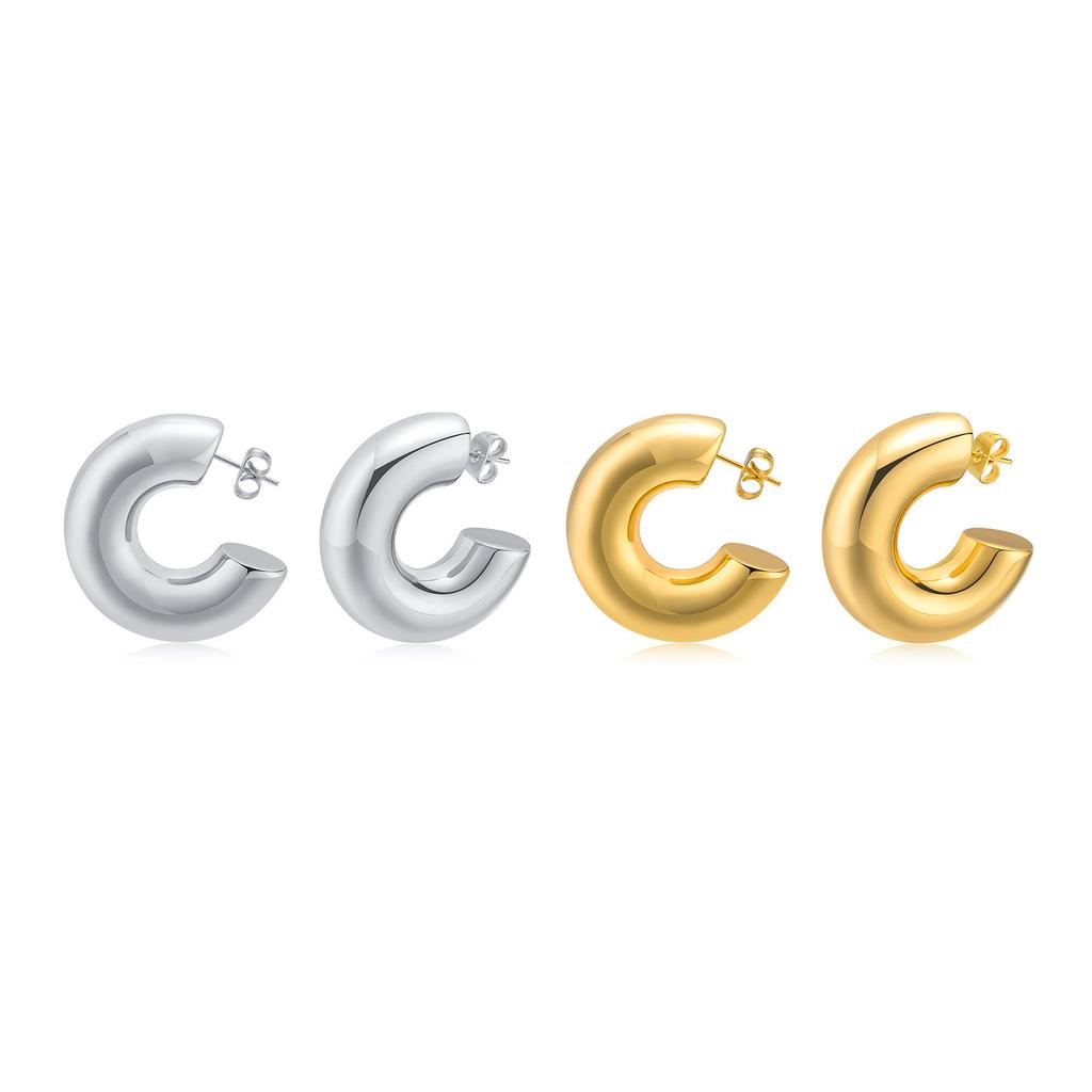 Trendy Stainless Steel Polished Hollowed Out C-shaped Earrings Steel Color Women's Earrings Fashion Jewelry