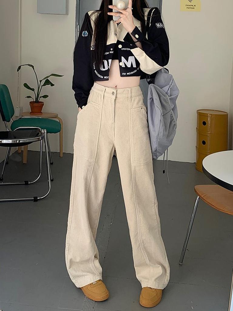 Вельветовые брюки в стиле ретро, ​​коричневые, осенне-зимние, широкие брюки-«ножи» для женщин, высокие, с высокой талией, длинные леггинсы.