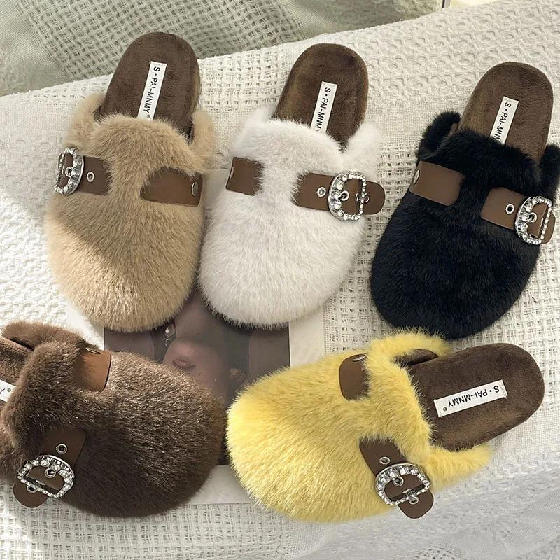 Fashion New 2024 Winter Warm Plush Slippers for Women Closed Toe Faux Fur Cotton Shoes Woman Fashion Buckle Lightweight Flat Mules Shoes