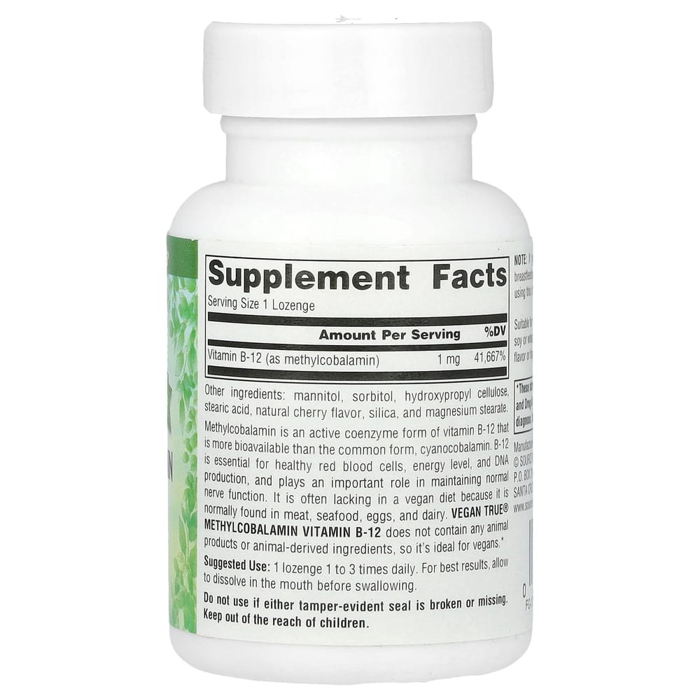 Source Naturals Vegan True Methylcobalamin Vitamin B-12 Cherry Flavor 1mg Lozenges 60 Tablets