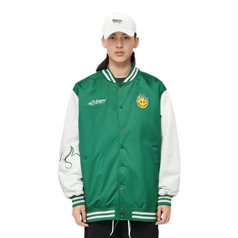 Li Ning X OG Slick Collaboration Flame Stripe Letter однобортная хлопковая куртка с длинным рукавом куртка унисекс темно-дворцово-зеленая AJMT075-3