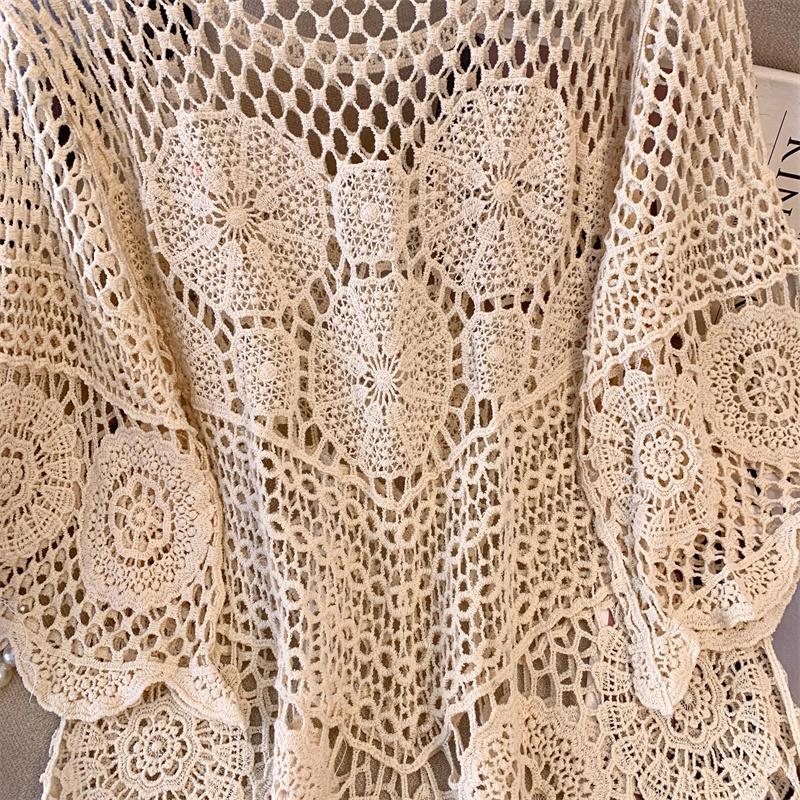 DIMANAF 2025 Новая футболка Женская Вязание Кружево Длинная Пляжная Праздничная Ажурная Летний Базовый Топ Футболка Свободная Одежда