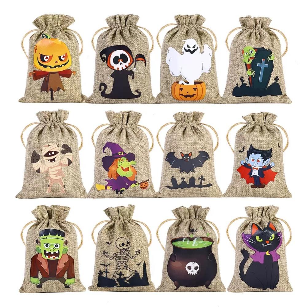 5Pcs New Halloween Linen Bundle Pocket Candy Biscuit Storage Bag Halloween Gift Decoration Drawstring Bundle Pocket