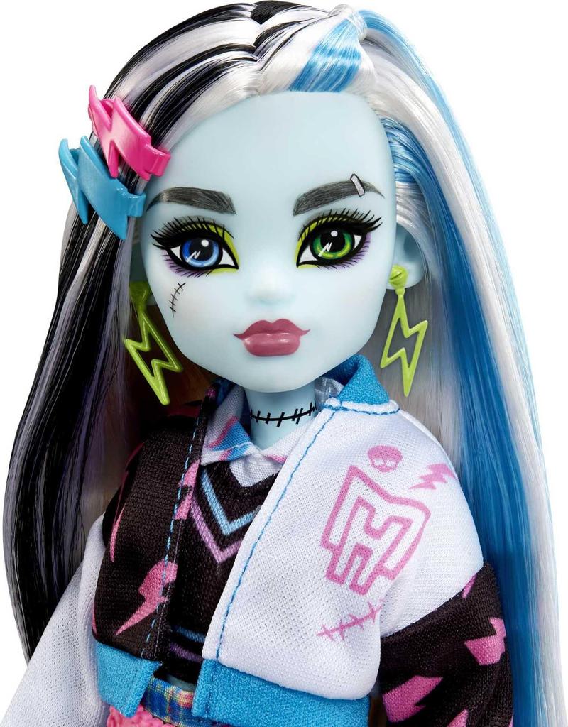 Monster High Poupée Frankie Stein Avec Accessoires Et Animal De Compagnie, Poupée Mode Articulée, Cheveux Méchés Noirs Et Bleus, Jouet Enfant, Dès 3 A