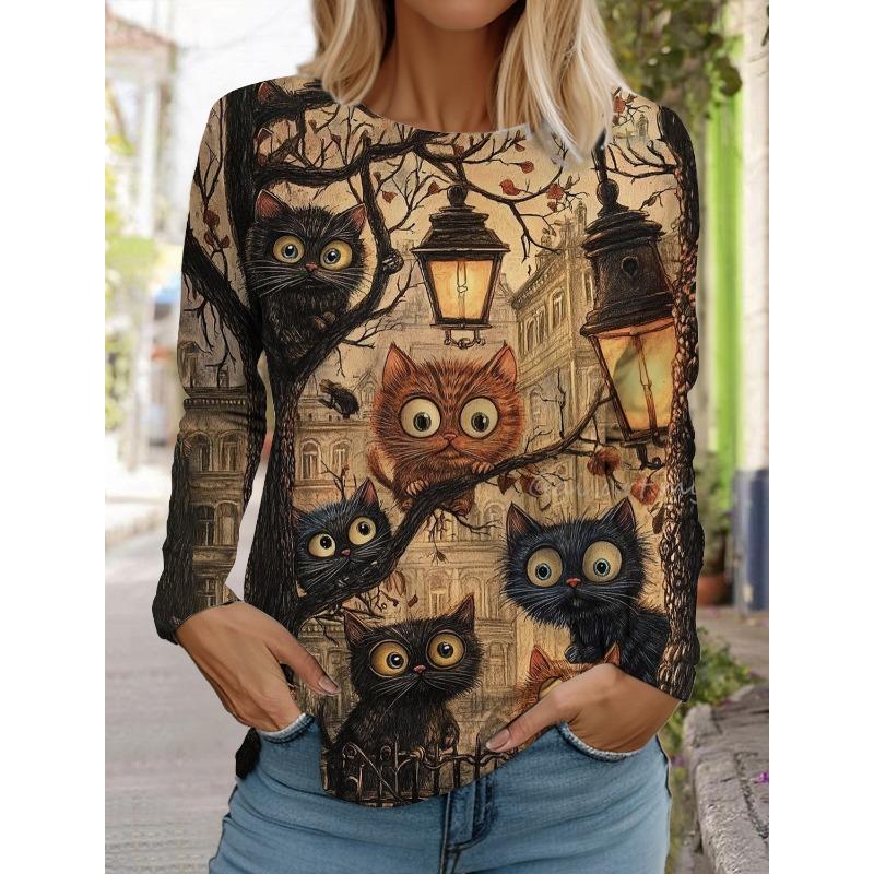 Женская толстовка с круглым вырезом, с длинным рукавом, модная, повседневная, с милым рисунком котенка и животных, с принтом топов