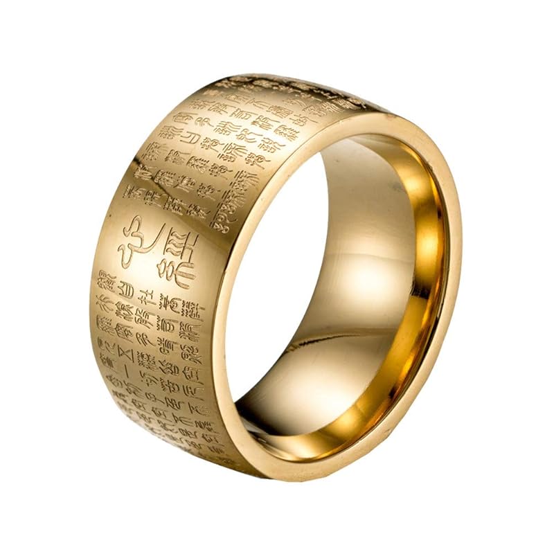 Oakky men's 10MM stainless steel Engraved Chinese Buddhist Wisdom Heart Sutra Mantra Prayer ring lucky protection amulet wedding ring gold size 14
