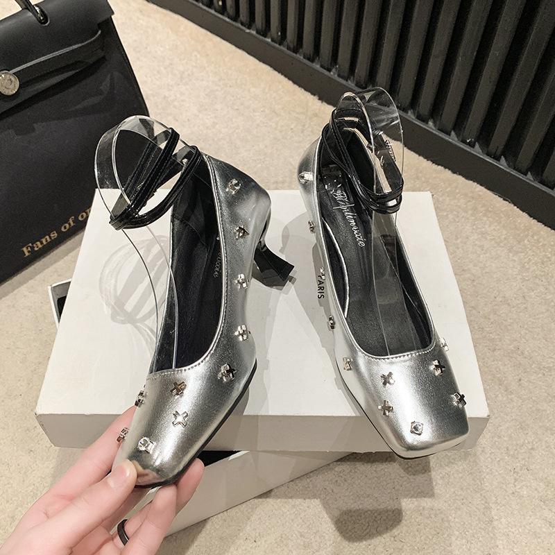 Премиальные французские ретро серебряные туфли Мэри Джейн маленькие кожаные туфли женские туфли с юбкой высокие каблуки легкие туфли с мочками