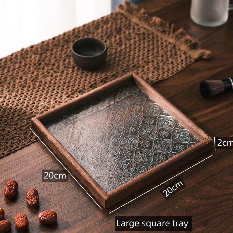 Vintage Wood Crabapple Glass Walnut Snack Storage Box Rectangular Tea Tray Dried Fruit Dim Sum Tray Household Tray