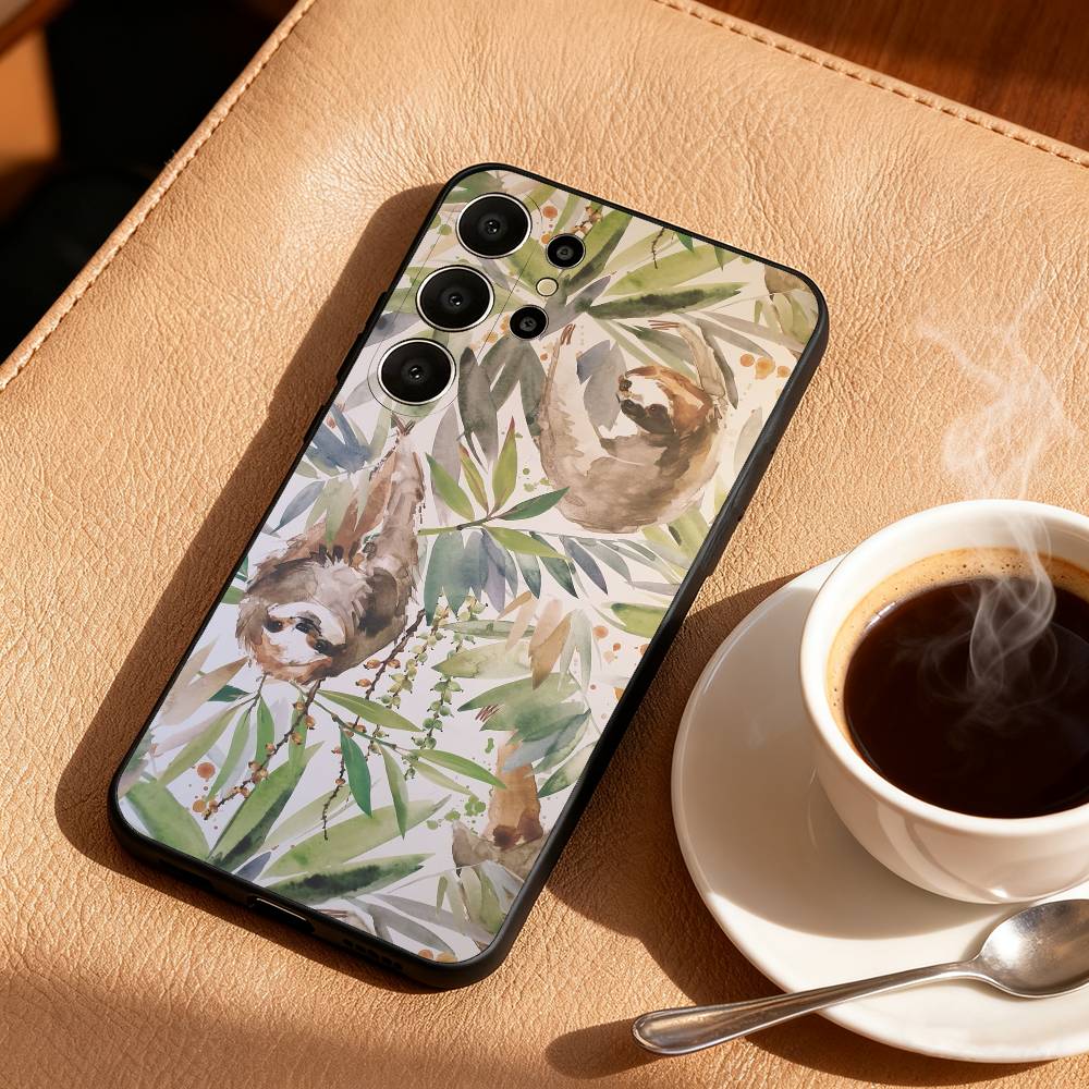Cute Lazy Sloth Cozy Phone Case For Samsung S26,S25,24,23,22,30,21,10,9,Ultra,Plus,Lite,FE Soft Black Case