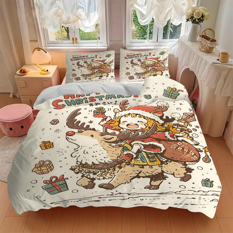 3pcs Happy Christmas Adventure Quilt Cover Set - Soft & Comfortable Polyester Fabric, All-Season Breathable Comforter Set For 1 Quilt Cover & 2 P