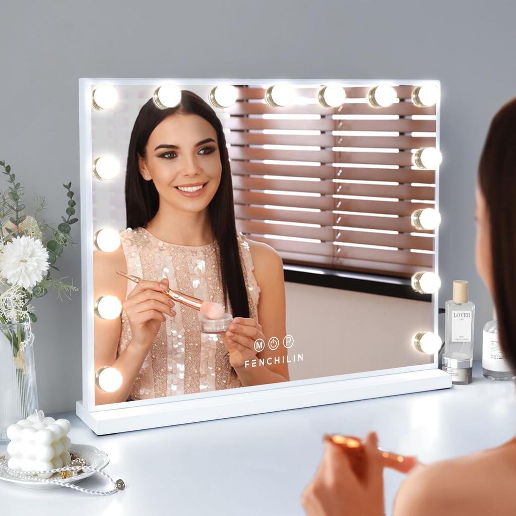 FENCHILIN Makeup Actress Hollywood For Wall Includes USB Three Color Lighting Stepless Includes 15 LED 10x Magnifying 58x46cm Mirror, Mirror, Mirror,