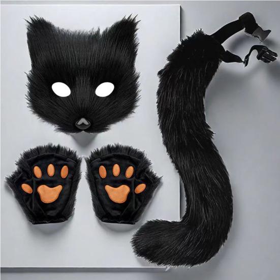 Faux Fur Cat Fox Maque Tail And Paw Gloves Set Handmade Furry Animal Therian Kit Masquerade Halloween Party Cosplay Costume Accessory