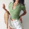 Women V-neck T-Shirts Y2K Tops Knitted Casual Polo Shirt Female Solid Cute Crop Tops Plain T-Shirt For Women 2024 Summer