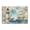 Vintage Nautical Art With Lighthouse Sailing Ships And Marine Compasses Metal Sign Designing Printing Classic Tin Sign Poster