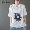 FiveFive Fashion Cotton Printed Short Sleeve Hoodie Women Oversize Hooded Sweatshirt