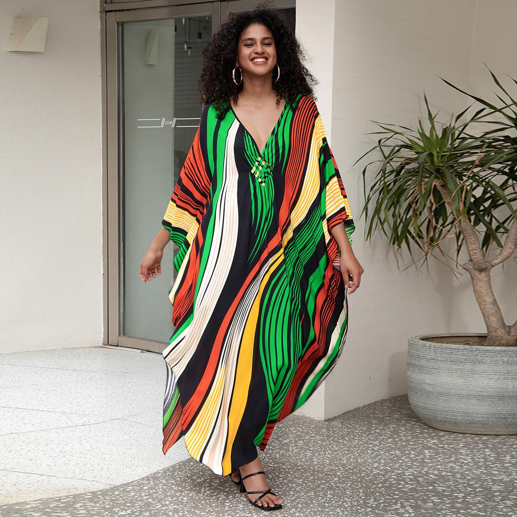 Beach Cover Up Geometric Printed Kaftans for Women Viscose Handmade Waved Maxi Dresses Summer Holiday Bathing Suits