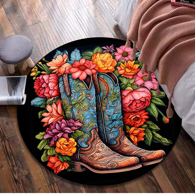 1Pc Cowgirl Boots Hat Circular Print Rug - home decoration Carpet For Living Room Bedroom Flooring Computer Chair Area Rug