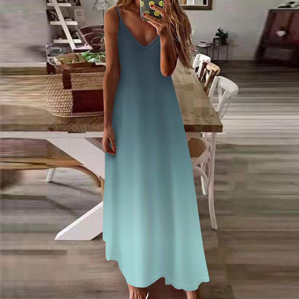 Женское летнее повседневное модное длинное платье без рукавов с v-образным вырезом и градиентным принтом, повседневные платья