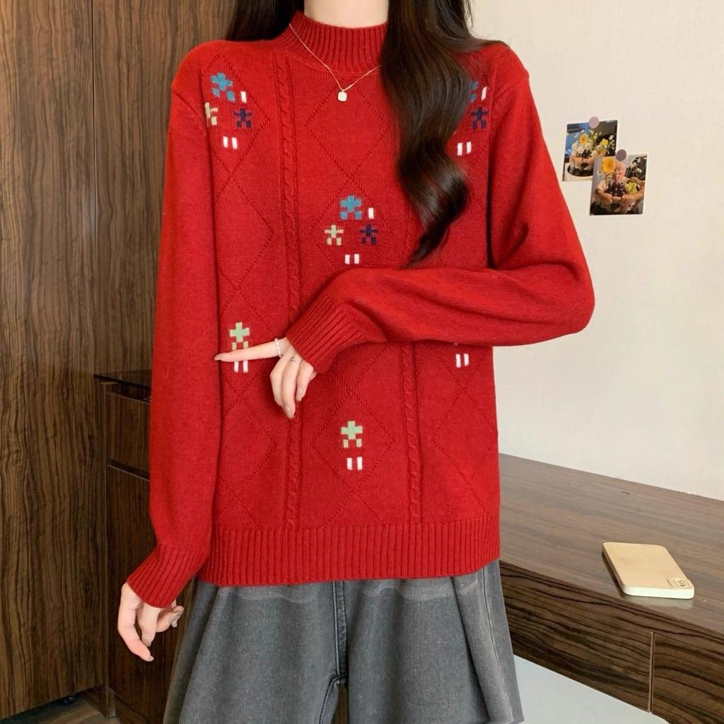 Women's Knitted Sweater Semi High Neck Long Sleeved Base for Autumn and Winter Thick Loose Top