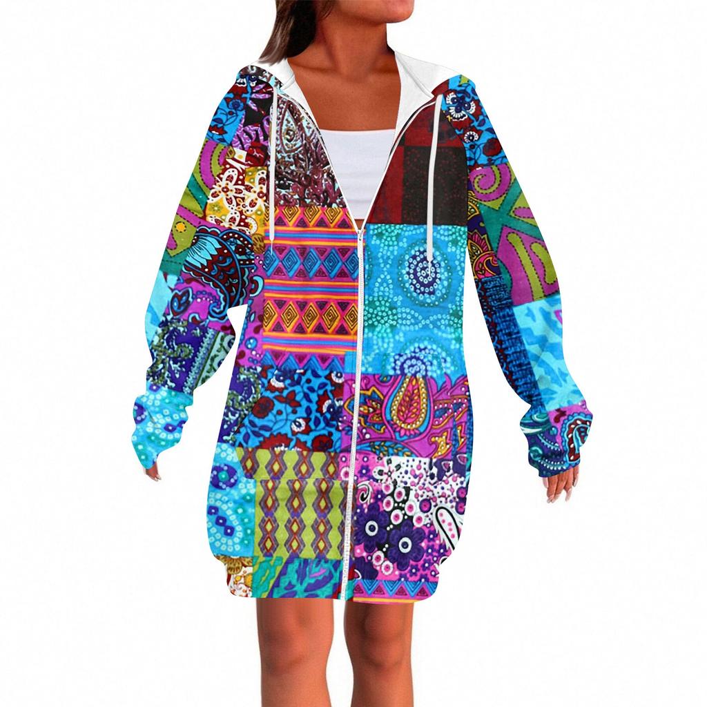 Женская модная толстовка с длинными рукавами, принтом, капюшоном на кулиске, карманом на молнии, длинная, повседневная