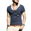 Мужская футболка с большим V-образным вырезом, тонкая, однотонная, приталенная, мягкая, с короткими рукавами, средней длины