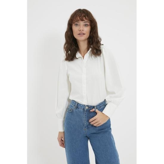 White Woven Balloon Sleeve Basic Stylish Cotton Shirt