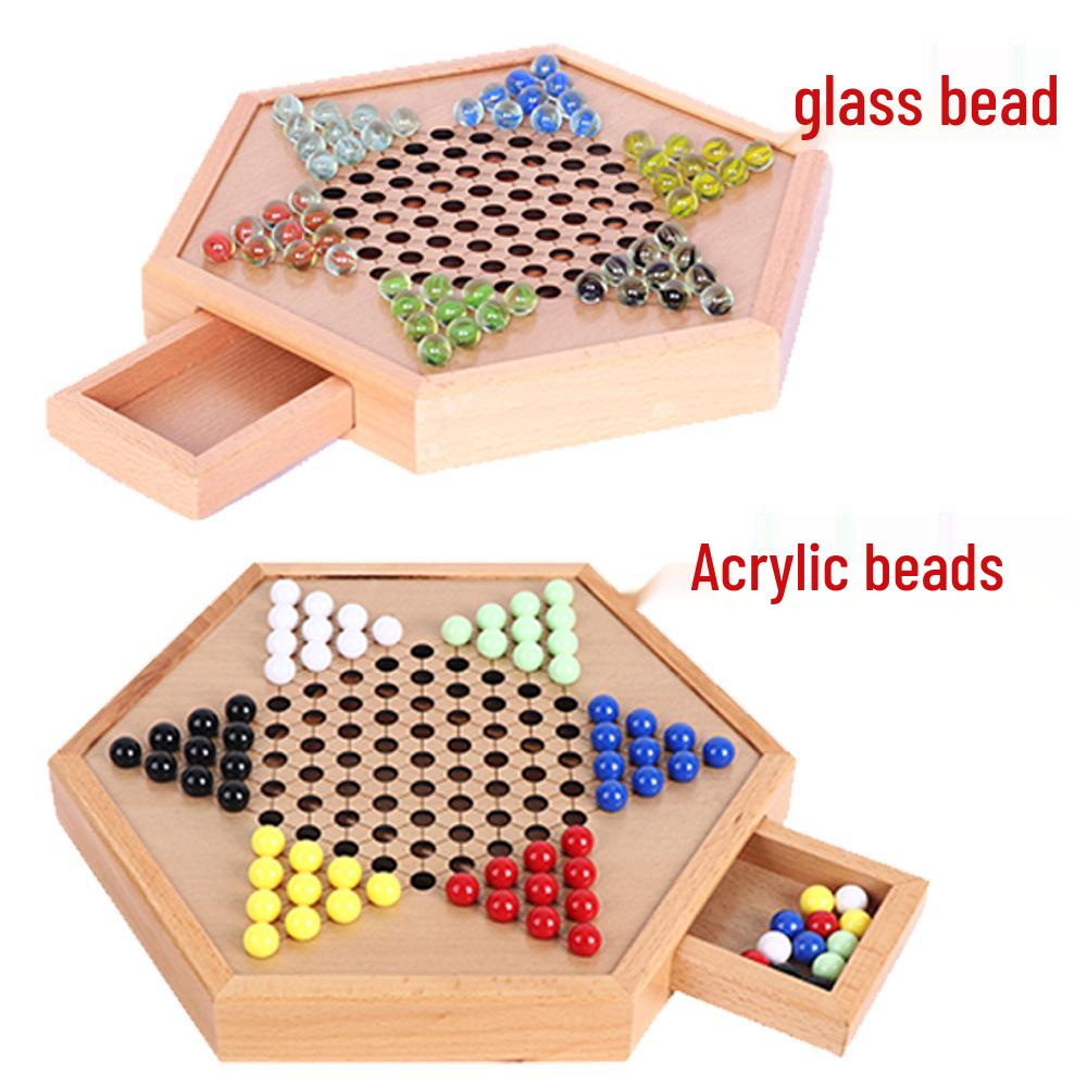 Checker Glass Marbles Wooden Tabletop Game, Chess, Card Game, Competitive Puzzle Toy with Drawer-style Storage.