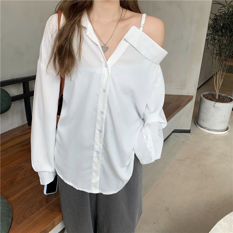 Women Blouses Casual Korean Style Off Shoulder Long Sleeve Shirts White Black Oversized Youth Fashion Streetwear Chic