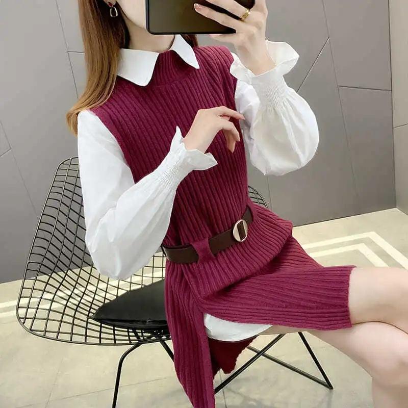 Women Fall Vintage Fat MM Long Sleeve White Pullover Blouse Knit Vest Two Pieces Set