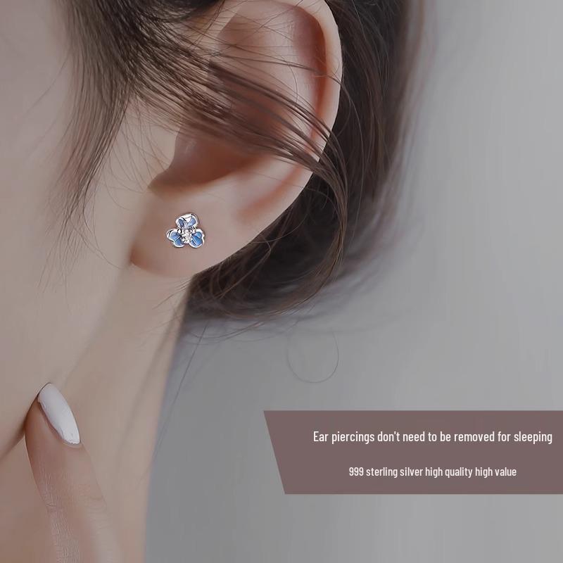 999 Sterling Silver Blue Iris Flower Stud Earrings for Women - Elegant and Trendy Birthday Gift for Her