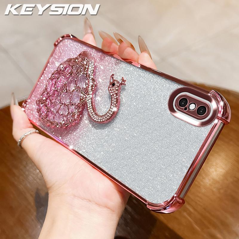 KEYSION Противоударный чехол с гальваническим покрытием для iPhone XS Max Прозрачный ТПУ с блестками, инкрустированный драгоценными камнями лебедь, подставка, задняя крышка для iPhone X XR