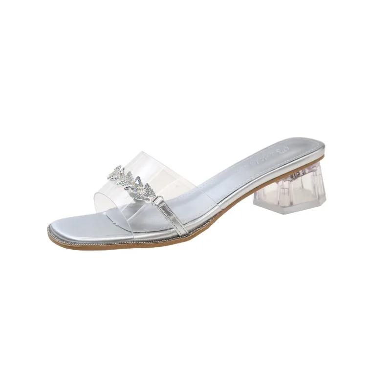 Fish Mouth Transparent Sandals Women's High Heels Fine Heel Rhinester Fairy Wind 2024 New Summer High Heels Slippers