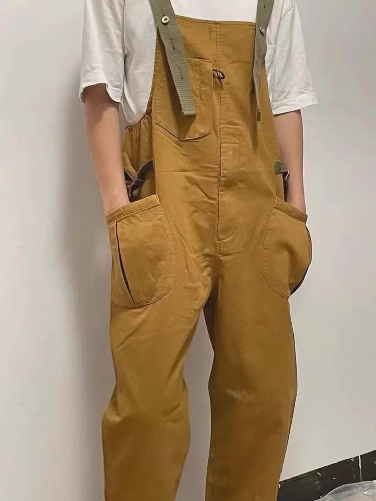 Nijiang American Retro Loose Khaki BF Straight Bib Overalls - Men's Casual One-Piece Long Pants