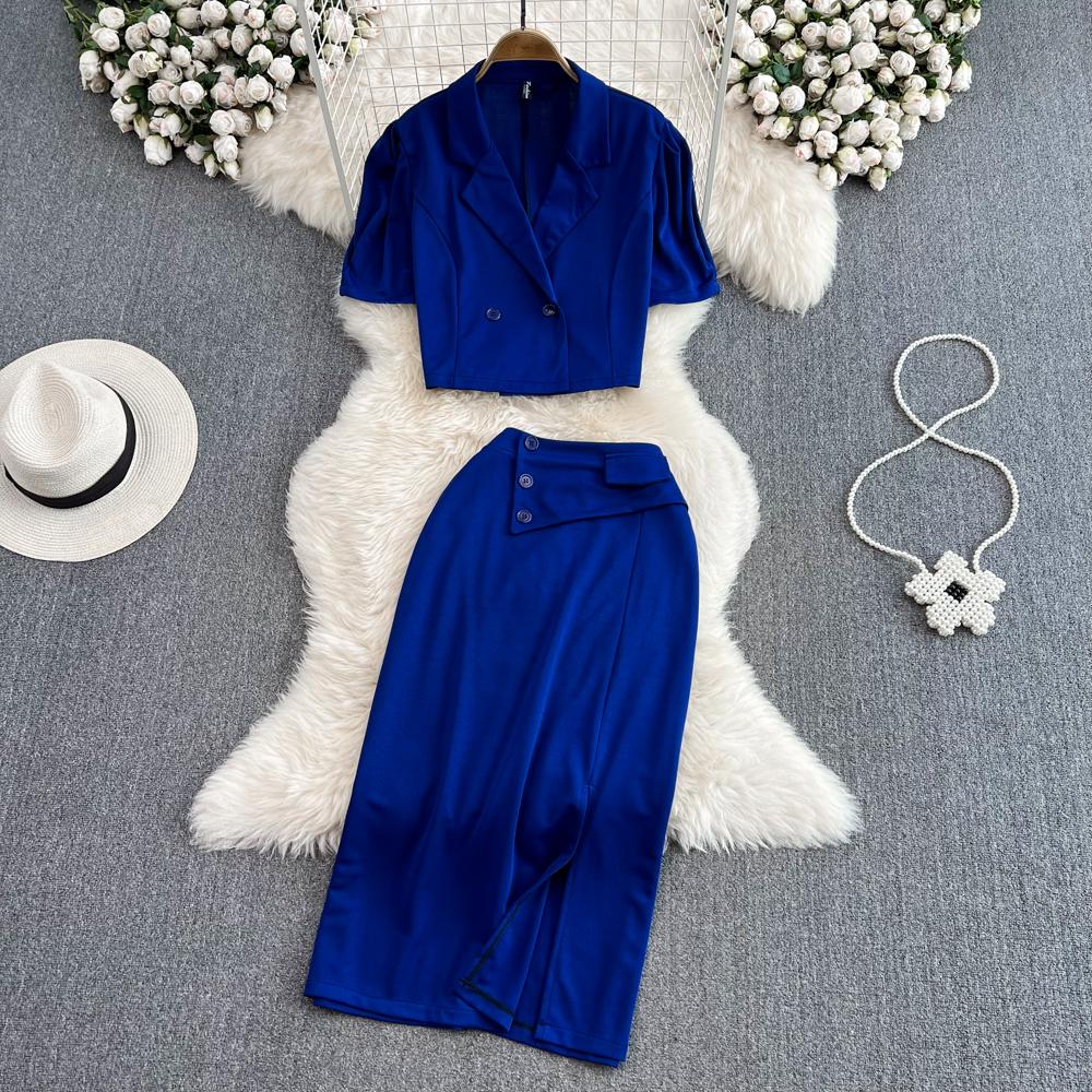 Женский костюм в стиле ретро с лацканами, свободная короткая куртка с пышными рукавами, юбка из двух частей с высокой талией и разрезом