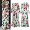 Elegant Summer Floral Print Long Sleeve Dress For Women In White Pink Green And Navy Blue