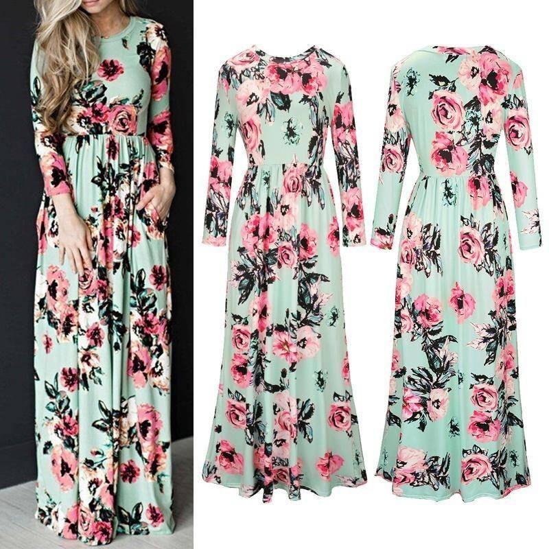 Elegant Summer Floral Print Long Sleeve Dress For Women In White Pink Green And Navy Blue
