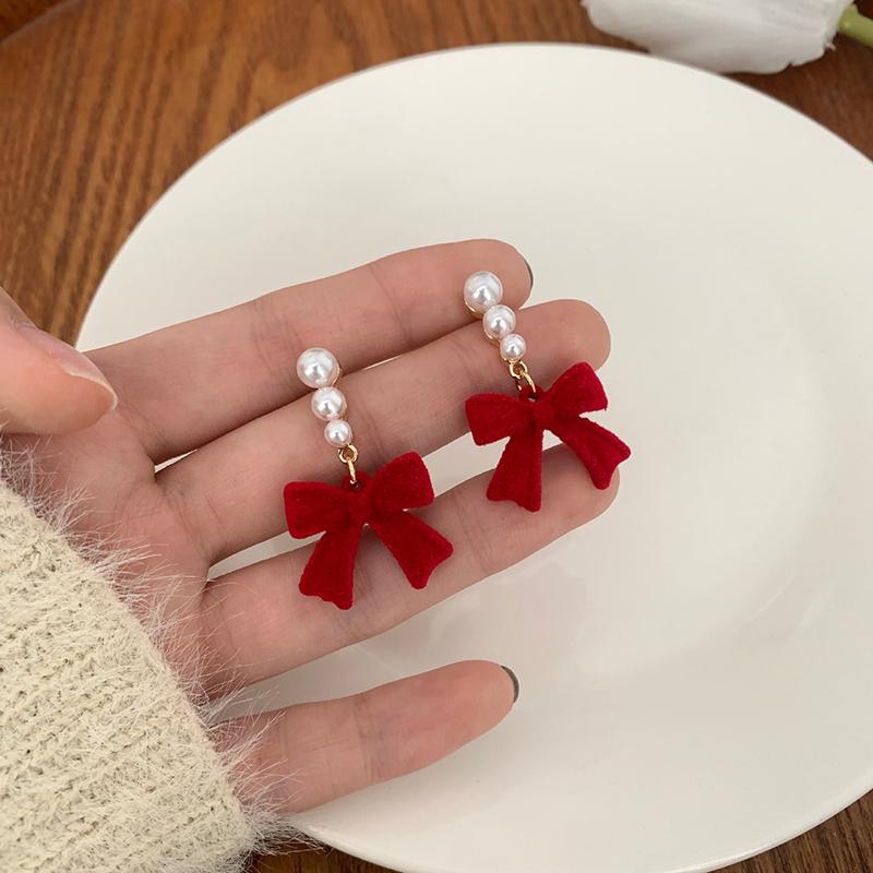 1pair Red Black Bowtie Earrings for Women Girls Simulated Pearl Cloth Bow Tie Earrings Jewelry Ear Accessories Beautiful Gifts